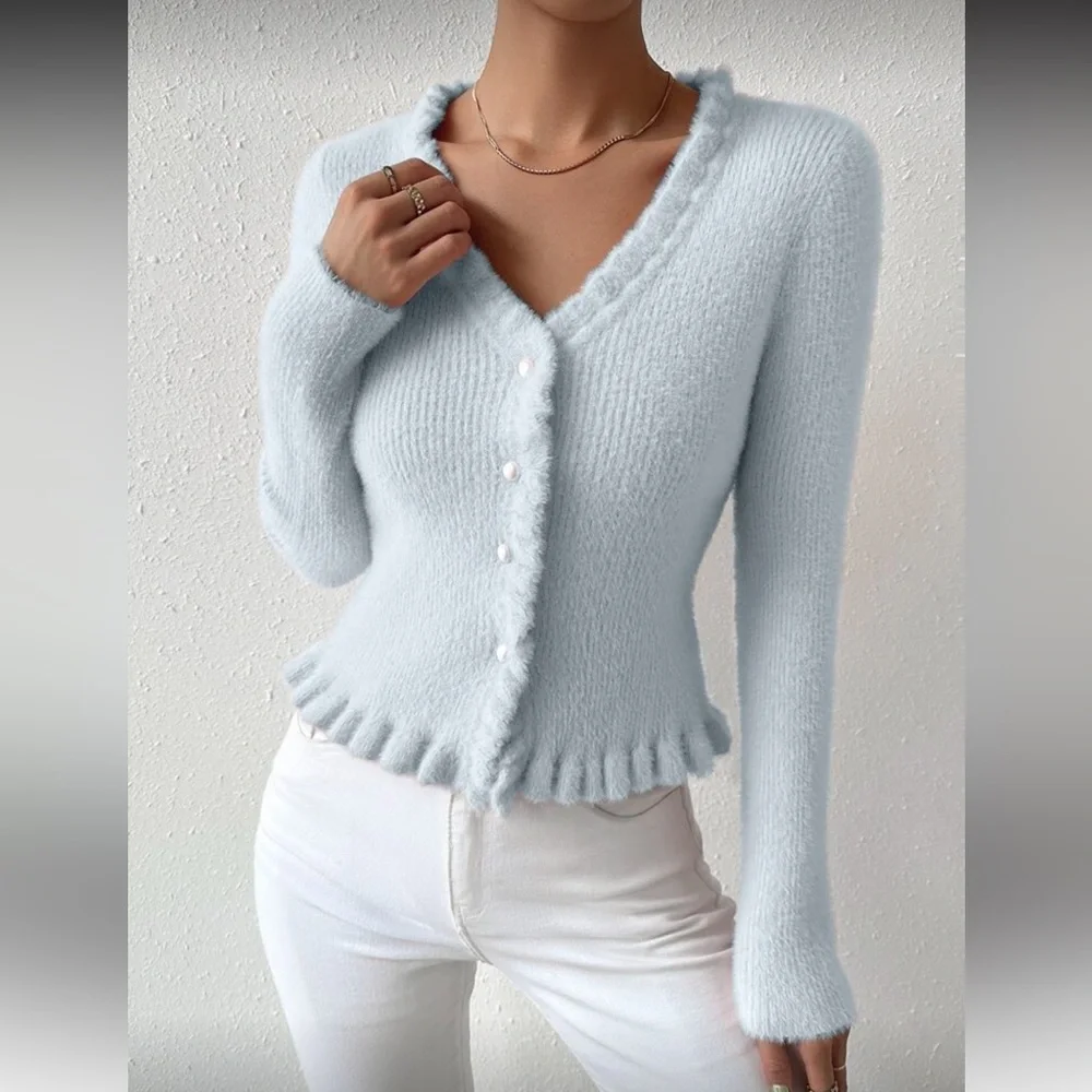 Soft Knit V-Neck Cardigan - Light Blue - Picture 6 of 7